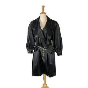 A.J. Bari S Black Satin Trench Coat 1 FLAW Deadstock 80s Puffed Sleeves Evening